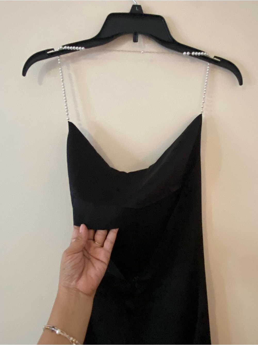 Black Satin cocktail mini Dress with Chain Pearl Straps - Picture 9 of 14